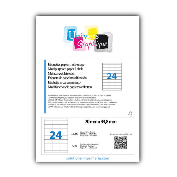 Lot de 500 planches a4 de 24 étiquettes à bords vifs 70 x 33 8 mm en papier blanc 70g/m² multifonction