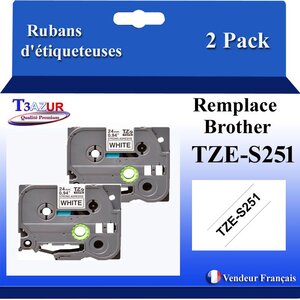 2x Rubans d'étiqueteuses compatibles avec Brother Tze251  Tze-251 pour étiqueteuses P-touch - Texte noir sur fond blanc - Largeur 24 mm x 8 mètres - T3AZUR