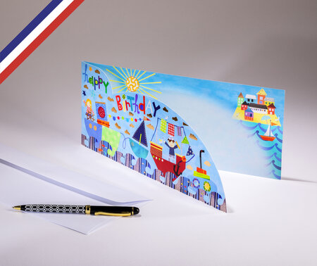 Carte double extravagance créée et imprimée en france sur papier certifié pefc - happy birthday bateaux - découpe nuage et or à chaud