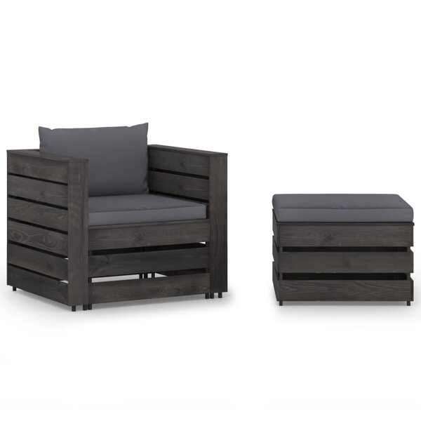 vidaXL Salon de jardin 2 Pièces avec coussins Bois imprégné de gris