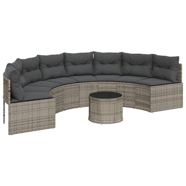 vidaXL Canapé de jardin table coussins demi-rond gris résine tressée