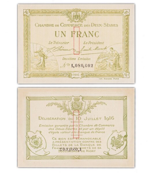 Billet de Collection 1 Franc 1916 Deux Sevres / France - Neuf - chambre de commerce