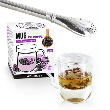 Mug à thé avec poignée infuseur et couvercle verre + paille inox