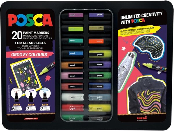Posca Groovy Colors Valise en métal avec 20 marqueurs peinture - Couleurs et traits assortis - Pointe polyester - Encre pigmentée à base d'eau - Résistant à la lumière - Couleurs assorties