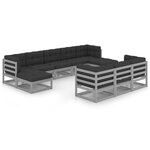 vidaXL Salon de jardin 10 Pièces avec coussins Gris Bois de pin massif