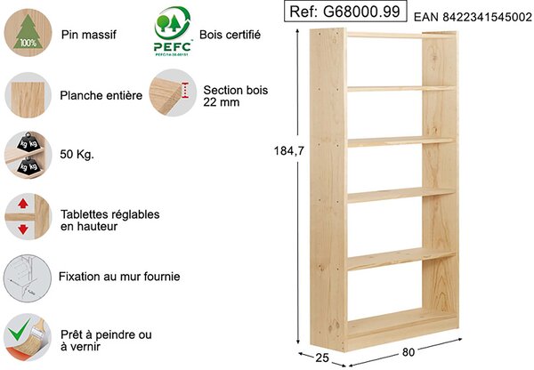 Bibliothèque gala en pin 6 tablettes