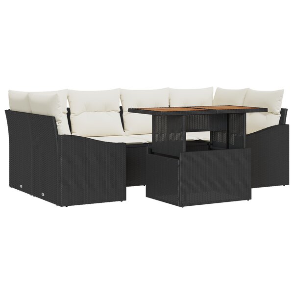 vidaXL Canapé de jardin 7 pièces avec coussins en poly rotin noir