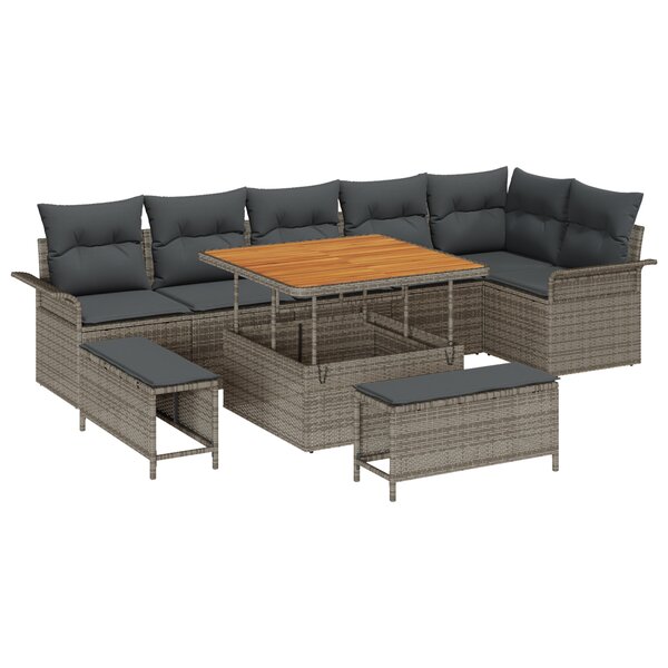 Ensemble de canapé de jardin de 9 pièces avec coussins gris poly rotin acacia