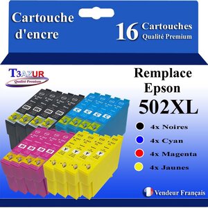 T3AZUR - 16x Cartouches compatibles avec Epson WorkForce WF-2860DWF  WF-2865DWF  WF-2880DWF  WF-2885DWF  502XL