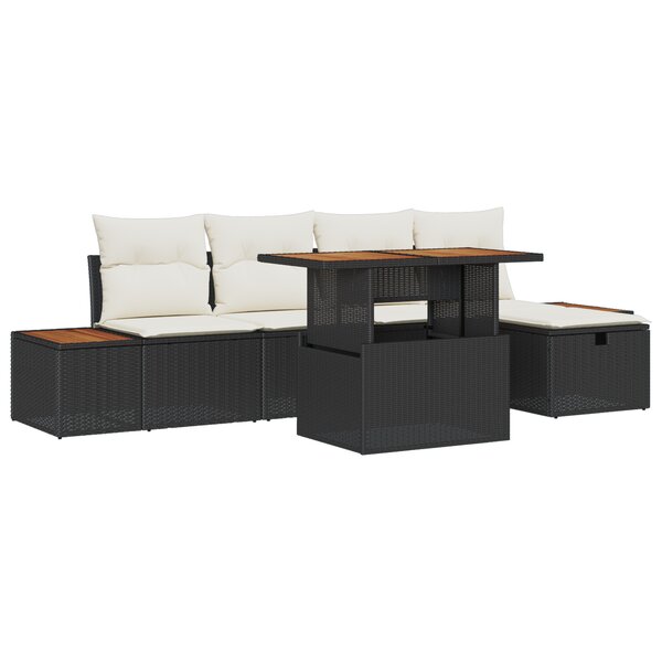 Ensemble de canapé de jardin 6 pièces avec coussins en rotin synthétique noir