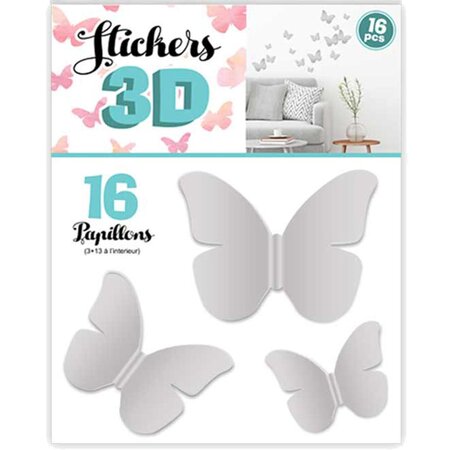 16 adhésifs décoratifs 3d papillons gris