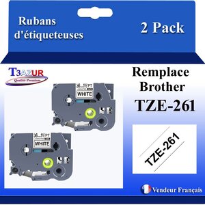2x Rubans d'étiqueteuses compatibles avec Brother Tze261  Tze-261 pour étiqueteuses P-touch - Texte noir sur fond blanc - Largeur 36 mm x 8 mètres - T3AZUR