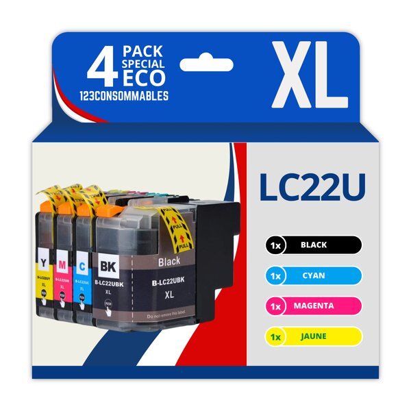123CONSOMMABLES - LC22U - Pack 4 Cartouches d'encre Compatible Brother LC22UXL LC22U LC-22U LC-22UBK LC-22UC LC-22UM LC-22UY XL pour Brother DCP-J785DW MFC-J985DW (1 Noir / 1 Cyan / 1 Magenta / 1 Jaune)