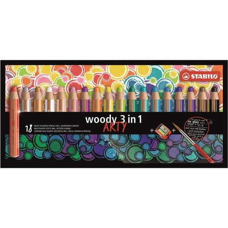 Etui 18 crayons multitalents arty woody 3in1 + pinceau + taillecrayon x 2 stabilo
