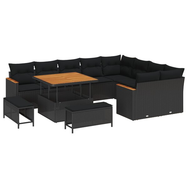 Ensemble de canapés de jardin de 12 pièces avec coussins noir poly rattan acacia