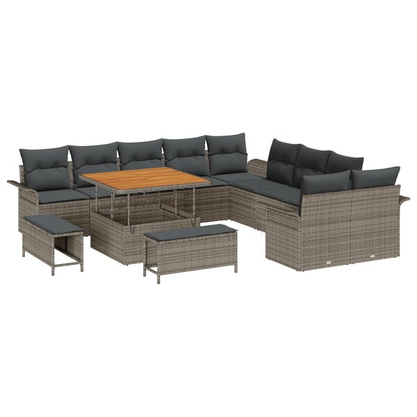 Canapé de jardin 13 pièces avec coussins gris en poly rotin acacia