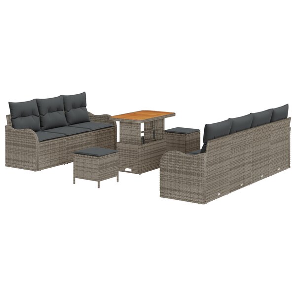 Set de Canapé de Jardin 10 Pièces avec Coussins Gris Poly Rattan Acacia