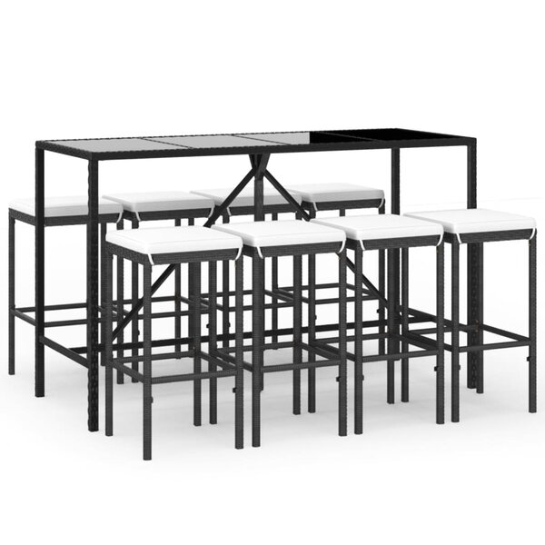 vidaXL Ensemble de bar de jardin 9 Pièces avec coussins noir poly rotin