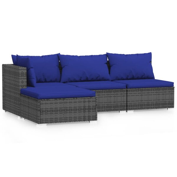 vidaXL Salon de jardin 4 Pièces avec coussins Gris Résine tressée