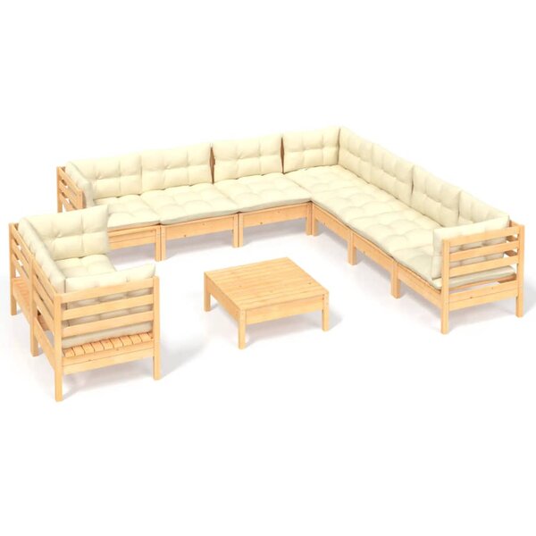 vidaXL Salon de jardin 10 Pièces avec coussins crème bois de pin massif