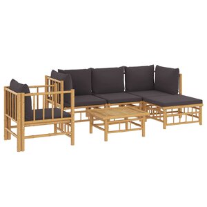 Salon de jardin meuble d'extérieur ensemble de mobilier 6 pièces avec coussins gris foncé bambou 02_0016783