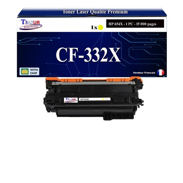 T3AZUR - 654X Toner compatible avec CF332X Jaune compatible avec HP Color LaserJet Enterprise M650  M651dn  M651n  M651x  M651xhm