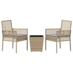 Ensemble de Bistro de Jardin 3 Pièces avec Coussins Beige en Poly Rattan