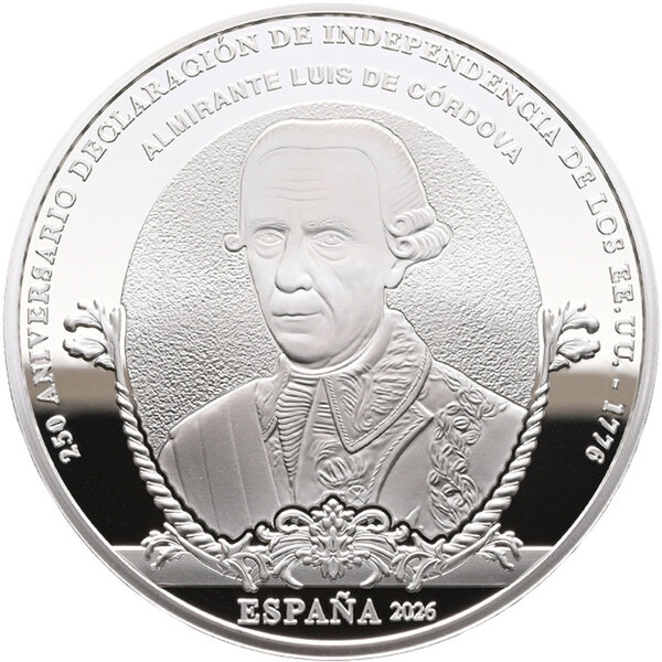 Pièce de monnaie en Argent 10 Euro g 27 Millésime 2026 Revolutionary War ADMIRAL LUIS DE CÓRDOVA (PRÉCOMMANDE)