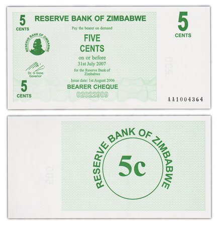 Billet de collection 5 cents 2006 zimbabwe - neuf - p34