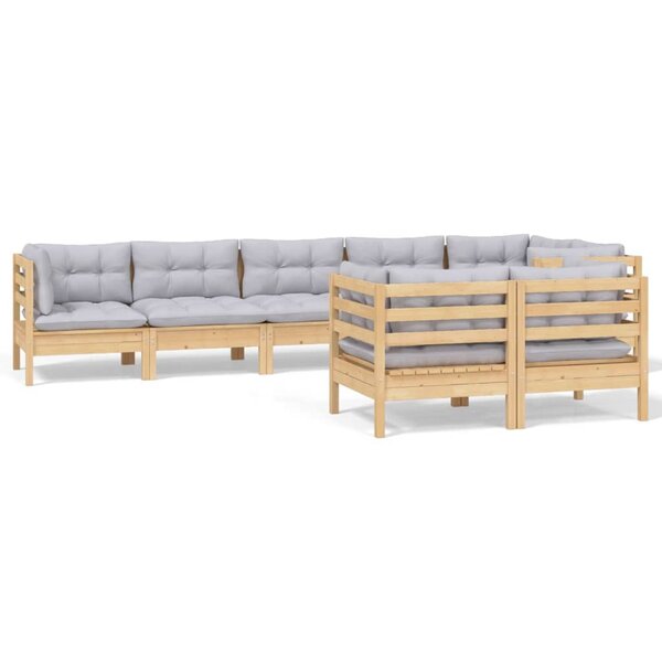 vidaXL Salon de jardin 8 Pièces avec coussins gris Bois de pin massif