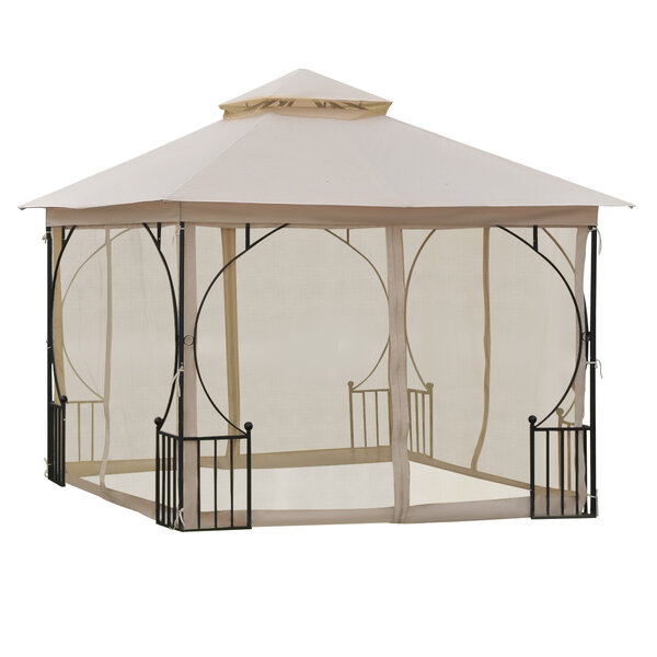 Pavillon de jardin tonnelle barnum style colonial double toit toiles moustiquaires amovibles zippées dim. 2 95L x 2 95l x 2 75H m beige noir