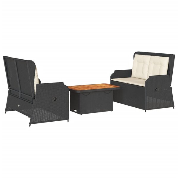 vidaXL Salon de jardin 3 Pièces avec coussins Noir Résine tressée