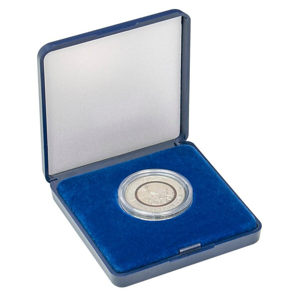 Écrin monnaie avec plateau velours bleu pour pièces de 18 à 50 mm. Diamètre intérieur - 34 mm