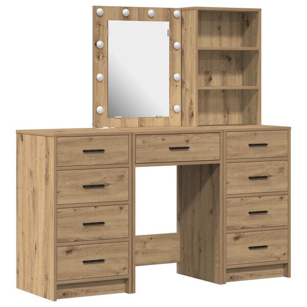 vidaXL Ensemble de Table de Maquillage de 3 Pièces avec LED en Bois d'Ingénierie Chêne Artisan