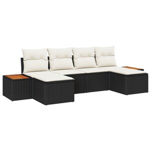 Ensemble de canapé de jardin de 6 pièces avec coussins en rotin poly noir acacia