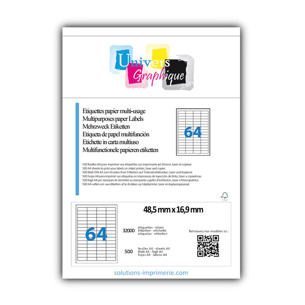 Lot de 500 planches a4 de 64 étiquettes à bords vifs 48 5 x 16 9 mm en papier blanc 70g/m² multifonction