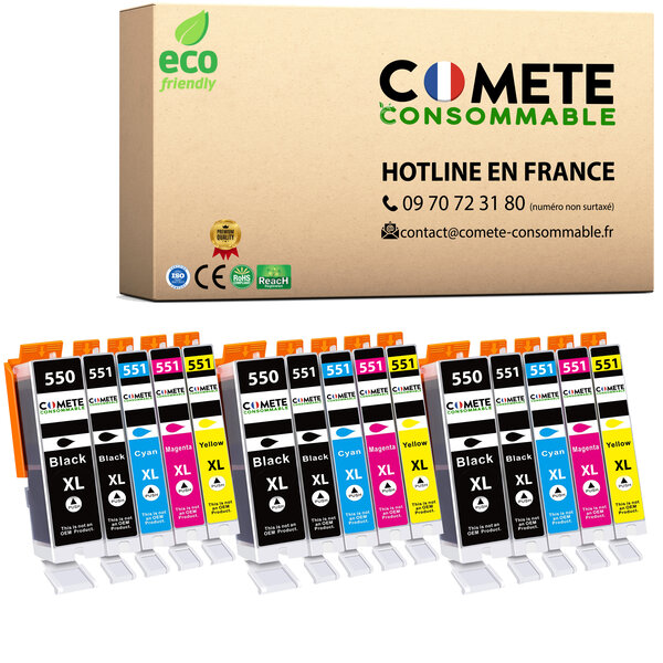 550 551 XL - 15 Cartouches d'encre Compatibles avec Canon PGI-550 CLI-551 / 550XL 551XL - COMETE