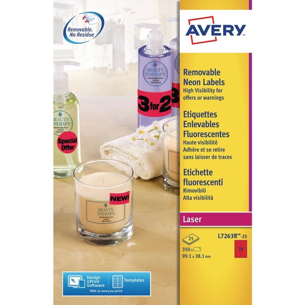 Étiquettes d'identification enlevables couleur l7263r, 99,1 x 38,1 mm - 25 feuilles, 14 étiquettes par feuilles a4 - rouge fluorescent (paquet 350 unités)