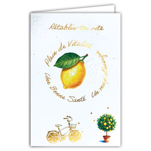 69-3147 Carte Rétablissement Rétablis-toi vite Citron Vitamines Vitalité énergie Santé Peinture Aquarelle -Finitions Dorure Or Doré + Gaufrage en Relief +1 Enveloppe Format 12x17cm -Fabriqué en Europe