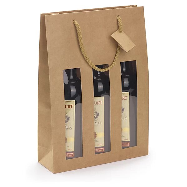 Sac kraft brun à fenêtre et poignées cordelières pour 3 bouteilles 27 x 38 x 9 cm (lot de 10)