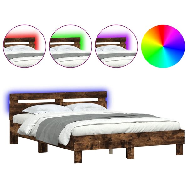 vidaXL Cadre de lit avec tête de lit et LED chêne fumé 140x190 cm