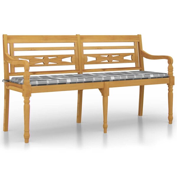 vidaXL Banc Batavia coussin à motif de carreaux gris 150cm Bois teck
