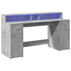 Bureau table poste de travail meuble d'ordinateur informatique étude et lumières LED 160 x 55 x 91 cm bois d'ingénierie gris 02_0023801