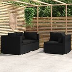 vidaXL Salon de jardin 3 Pièces avec coussins Noir Résine tressée