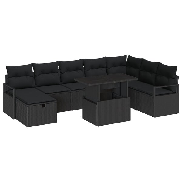 vidaXL Ensemble de canapé de jardin avec coussin 9 Pièces Noir Poly rotin