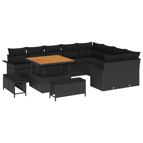 Ensemble de canapé de jardin de 12 pièces avec coussins Noir Poly Rattan Acacia