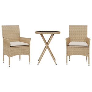 vidaXL Ensemble de bistro avec coussins 3 Pièces beige rotin et verre