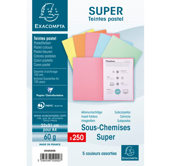 Paquet 250 sous-Chemises 22 x 31 cm Super 60 Assorties 5 couleurs EXACOMPTA