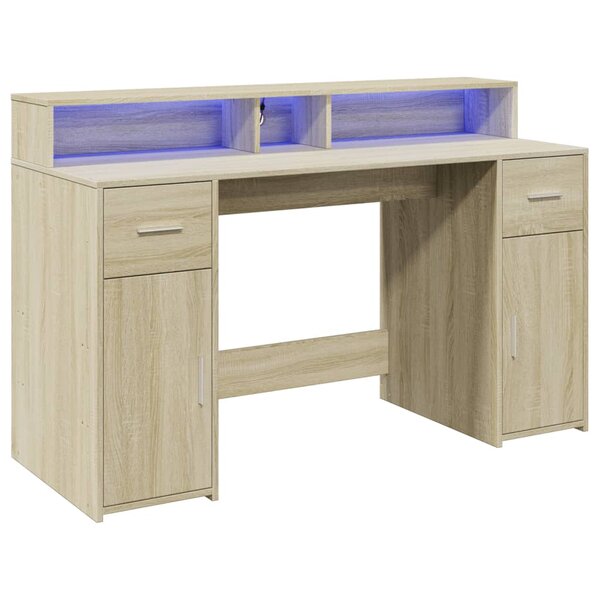 Bureau table poste de travail meuble d'ordinateur informatique étude avec lumières LED chêne sonoma bois d'ingénierie brun 02_0023426