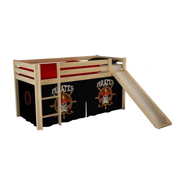 PINO Lit Compact avec Toboggan Pin Massif Nature +  Rideau de lit Pirate